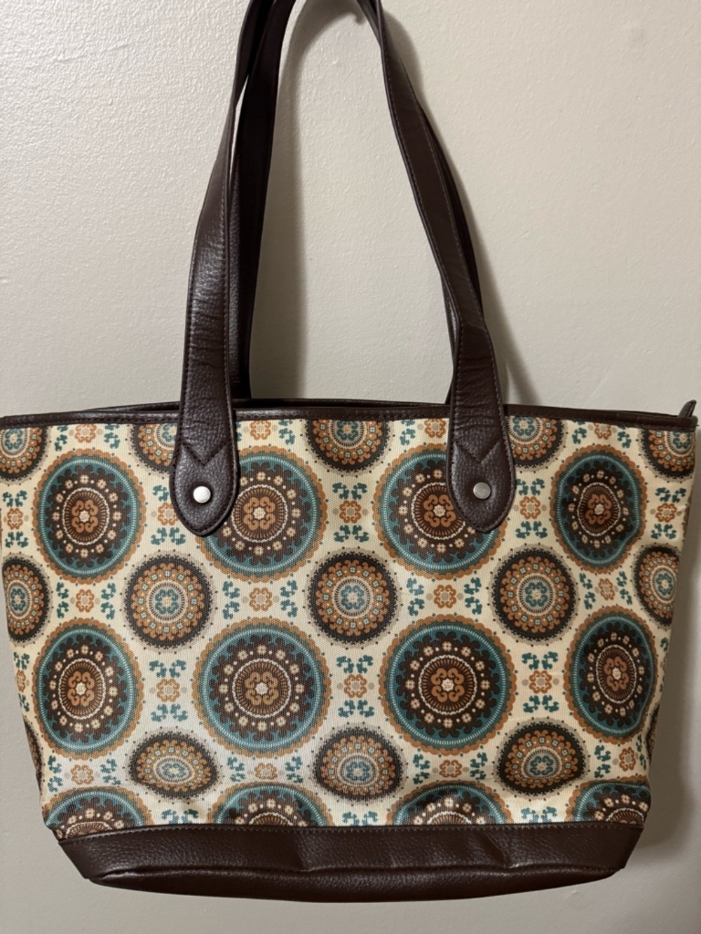 Bella Canvas Cream Tote with Teal and Brown Medallion Print